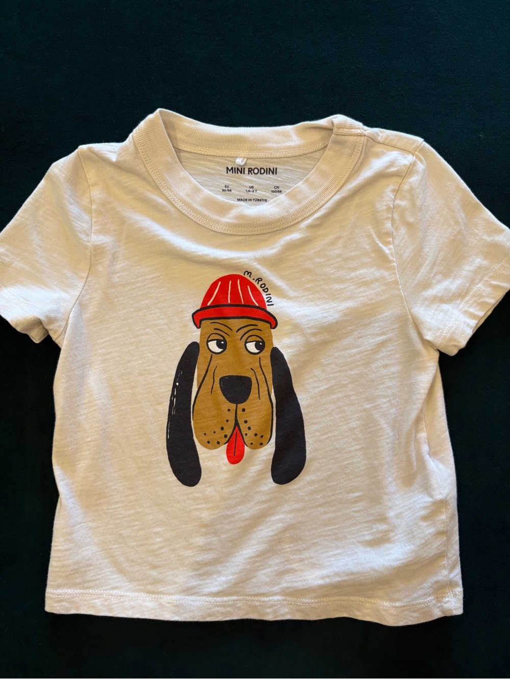 Mini Rodini White Tee with Dog Graphic and Red Hat